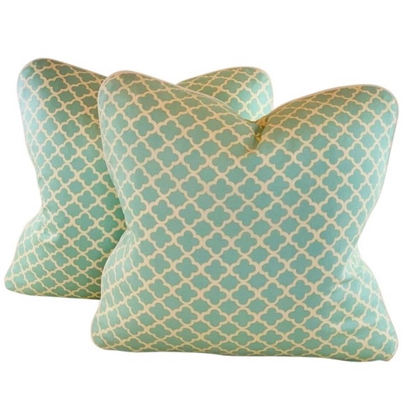 PR 16” P Kaufmann Waverly Aqua Turquoise Cream Fretwork Geometric Pillow Covers - Picture 6 of 6
